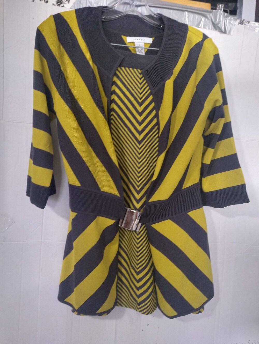 Women’s Striped Open Belted Cardigan Skirt Knit Set Suit With Flair Skirt